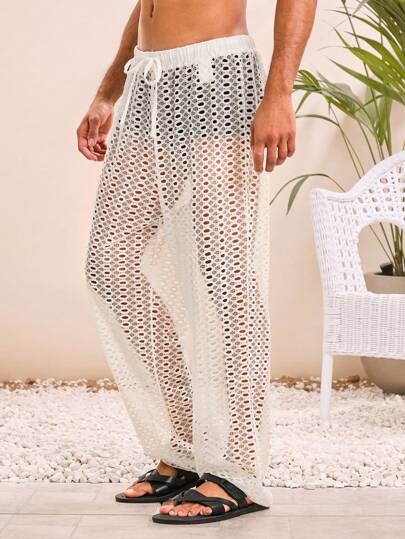 Manfinity VCAY بنطلون بخصر مرن بأربطة للرجال، ذو قدم واسعة مريحة، من نسيج مضفر، ملابس يومية