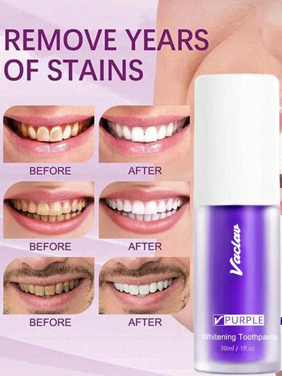 Vaclav معجون أسنان بنفسجي لتبييض الأسنان ومعالجة التصبغات، إزالة بقع الأسنان، تعزيز لمعان الأسنان وتخفيف عامل الاصفرار، هدية للنساء 30مل