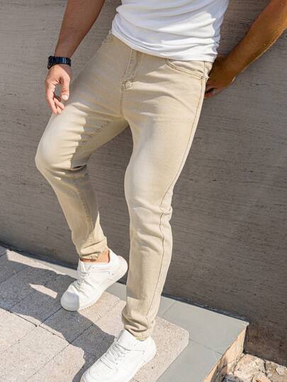 Manfinity Homme سراويل جينز للرجال بنقشة منعشة ومظهر محايد مضيق القدم