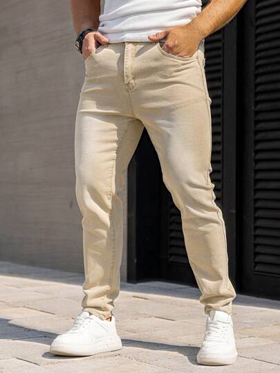 Manfinity Homme سراويل جينز للرجال بنقشة منعشة ومظهر محايد مضيق القدم