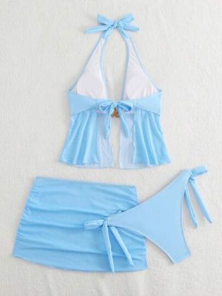 طقم تانكيني حريمي Swim SXY مجموعة تانكيني ذات لون سادة للعطلات والحفلات مع تنورة تغطية، بطراز راسب وطرف جانبي ربط، مناسبة للإجازة الصيفية