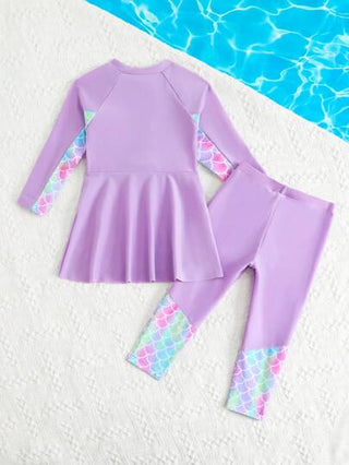 SHEIN فستان بناتي جميل مطبوع بطبعة قشور المرأة الغنائية، 2 قطع ملابس علوية كم طويل وبنطلون طويل