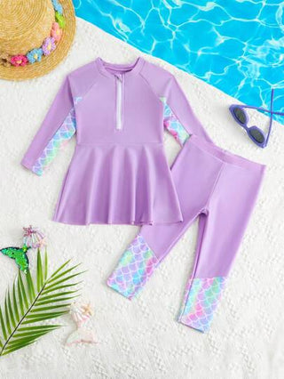 SHEIN فستان بناتي جميل مطبوع بطبعة قشور المرأة الغنائية، 2 قطع ملابس علوية كم طويل وبنطلون طويل