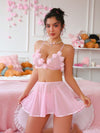 PetitDoll مجموعة تتكون من 3 قطع تنورة مكشكشة بكشكشة زهرية رومانسية وملابس داخلية، جذابة وجريئة