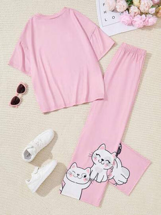girls-sets مجموعة تي شيرت وبنطلون فضفاض لفتيات المراهقات الصغيرات 2 قطعة ، بتصميم مريح وهادئ مع طبعات قطة ، باللون الوردي