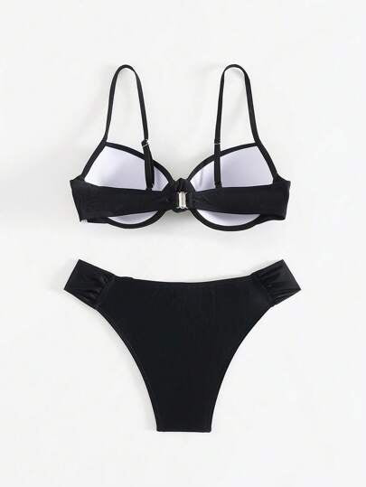 Swim SPRTY مجموعة ملابس شاطئية للنساء 2 قطع للصيف - بكيني علوي مجعد مع سلك داعم والبكيني السفلي، ملابس سباحة سوداء جذابة