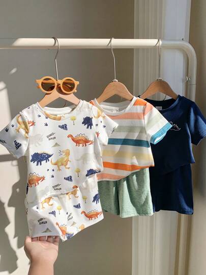 6 قطعة/طقم بيجاما قصيرة الأكمام للأولاد الرضع، بطبعات كرتونية لديناصورات وخطوط مخططة، طقم تي شيرت وشورت، صيفي