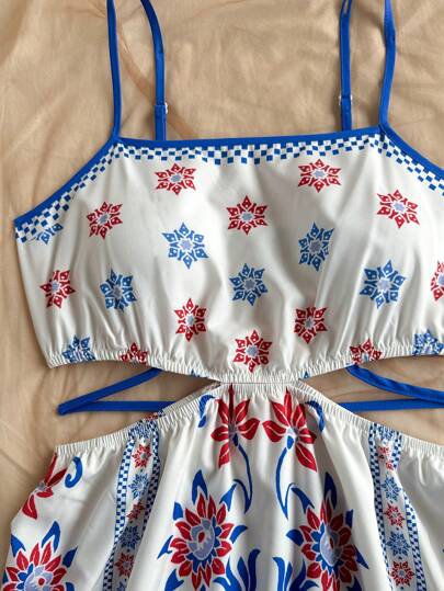 Soleia فستان عطلة منتصف الطول بياقة على شكل v وظهر مكشوف ومزين بربطة أمامية وطباعة