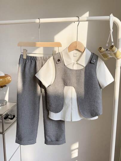 3 قطع أطقم للأولاد من السترة بأسلوب متلاشي الكوري والسراويل ذات الساق الواسعة المرتخية والقميص والنسيج المحبوك ذو طقم من 3 قطع بطوق يقة