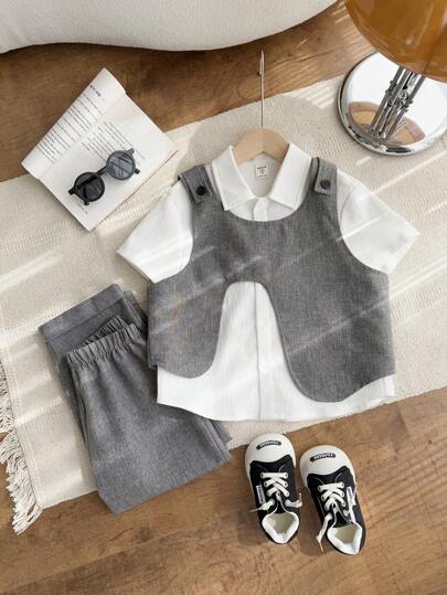 3 قطع أطقم للأولاد من السترة بأسلوب متلاشي الكوري والسراويل ذات الساق الواسعة المرتخية والقميص والنسيج المحبوك ذو طقم من 3 قطع بطوق يقة