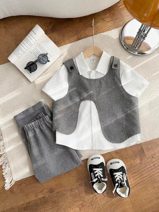 3 قطع أطقم للأولاد من السترة بأسلوب متلاشي الكوري والسراويل ذات الساق الواسعة المرتخية والقميص والنسيج المحبوك ذو طقم من 3 قطع بطوق يقة