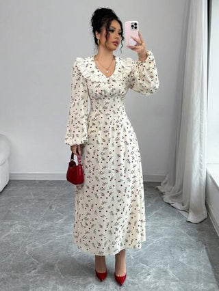 Modelyn فستان نسائي ذو أزرار محددة وطبعة زهور دقيقة منسوج