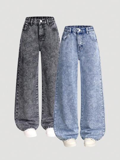 SHEIN Lunivi جينز دنيم ذو ساق واسعة مستقيمة مناسب للجميع قطعتان - تين جيرلز