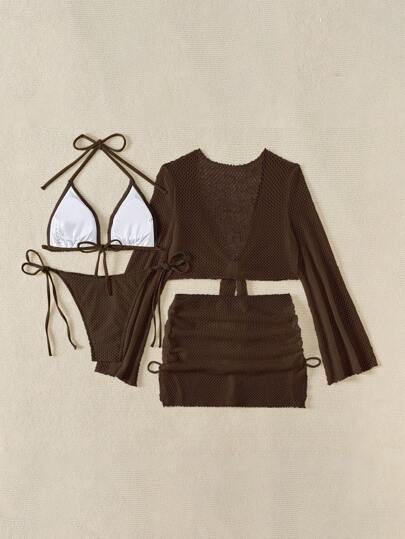 SHEIN Swim مجموعة بكيني ملابس علوية وشورت بلون أحادي بسيط ، كاجوال للنساء