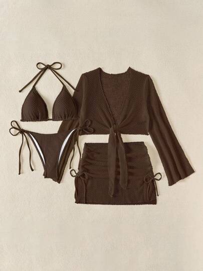 SHEIN Swim مجموعة بكيني ملابس علوية وشورت بلون أحادي بسيط ، كاجوال للنساء