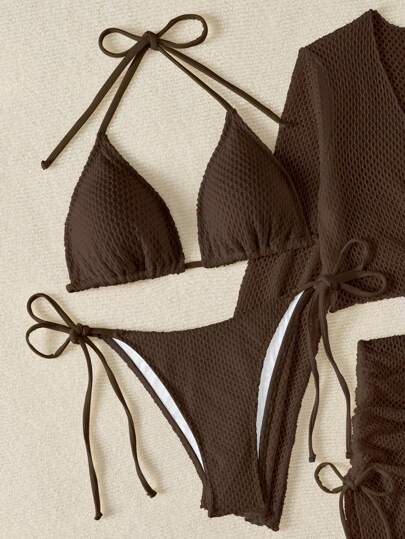 SHEIN Swim مجموعة بكيني ملابس علوية وشورت بلون أحادي بسيط ، كاجوال للنساء