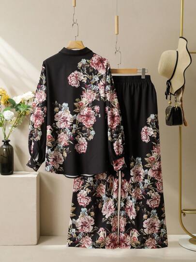 Lacomfia طقم كاجوال حريمي يتكون من بلوزة كريمية مطبوعة بنقشات الورود الرومانسية ذات أكمام طويلة مع بنطلون واسع الساقين مقاسات كبيرة