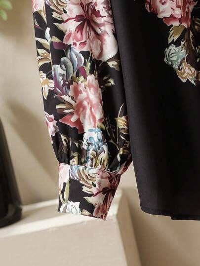 Lacomfia طقم كاجوال حريمي يتكون من بلوزة كريمية مطبوعة بنقشات الورود الرومانسية ذات أكمام طويلة مع بنطلون واسع الساقين مقاسات كبيرة