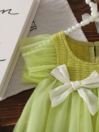 فساتين بيبي Glamorique Kids فستان طفلة صيفي كوري طراز أنيق, ألوان مكعبة, مزين بالكشكشة والشبكة مع فيونكة 3D