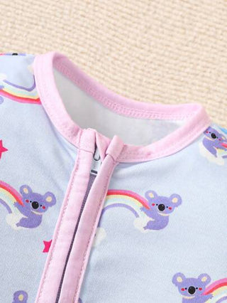 SHEIN رضيع بنات ملابس لون على شكل دب كوالا طباعة بسيطة زر أمامي طويلة الأكمام قبة دائرية قميص قفز ناعم وقابل للتنفس