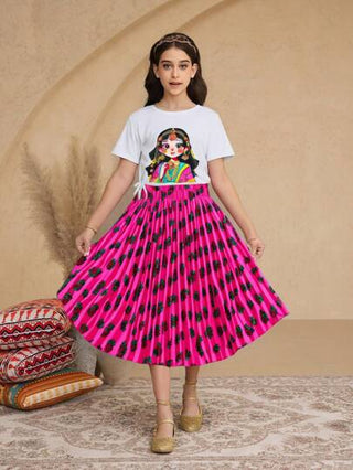 girls-sets طقم بلوزة وتنورة للبنات (مقاس كبير) بياقة دائرية وأكمام قصيرة مطبوعة بتصميم بسيط، 2 قطعة