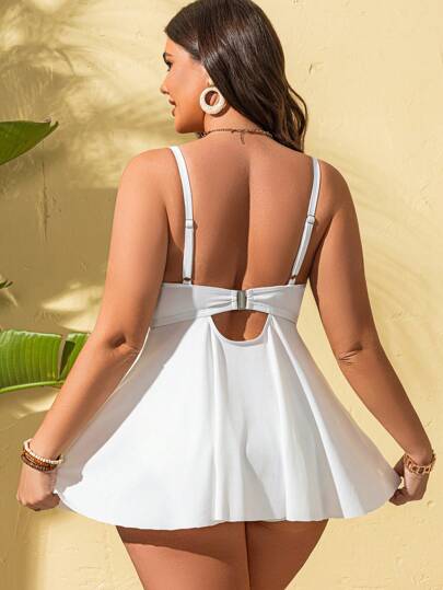 Swim Lushoire طقم تانكيني مقسم 2 قطعة للنساء ذوات الحجم الكبير، أشرطة نابض ذات لون واحد مدعم سحري للبطن، مناسب للاسترخاء والعطلات الصيفية والشاطئ