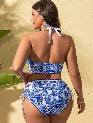 Swim Lushoire 2 طقم بكيني مع رسم عشوائي مطبوع بطراز صيني للسيدات بحجم كبير - رقبة على شكل حرف V وخصر مرفوع بسحاب، مناسب لأوقات الاستجمام الشاطئيات والعطلات الصيفية