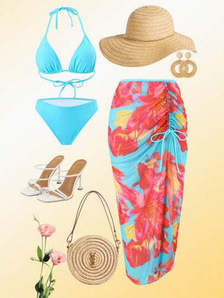 Swim Oasis مجموعة بحر مكونة من 3 قطع مطبوعة بنقش الزهور والألوان الصلبة ، ملابس سباحة للنساء عالية الجودة للنحافة وحفلات الربيع والعطلات البحرية