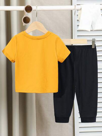 SHEIN مجموعة ملابس صيفية لصبي وفتاة رضيع، تتكون من ملابس علوية قصيرة الأكمام بطباعة حرف لطيف وبنطلون ذو خصر مرن، مناسبة للارتداء اليومي والمدرسة والسفر والرياضة، موسم الربيع/الصيف