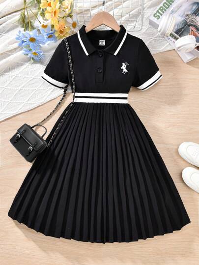 تيشيرتات بناتي فستان أسود قصير الأكمام مع تطريز خيل، طوق بولو بشريط ، لطفلة في سن المراهقة، موسم الربيع/الصيف، قطعة واحدة