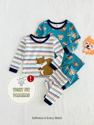 Cozy Pixies طقم بيجاما مناسب للأطفال الصبيان مكون من ملابس علوية طويلة الأكمام ذات رقبة طاقم والبنطلون، بطباعة الثعلب الكرتوني وتصميم كتل اللون المخطط 4قطع