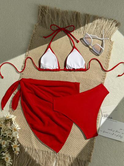 SHEIN Swim 3 قطعة للمرأة، ملابس سباحة 'بيكيني' مجموعة لون واحد لون جذاب، شاطئ الصيفي، عطلة