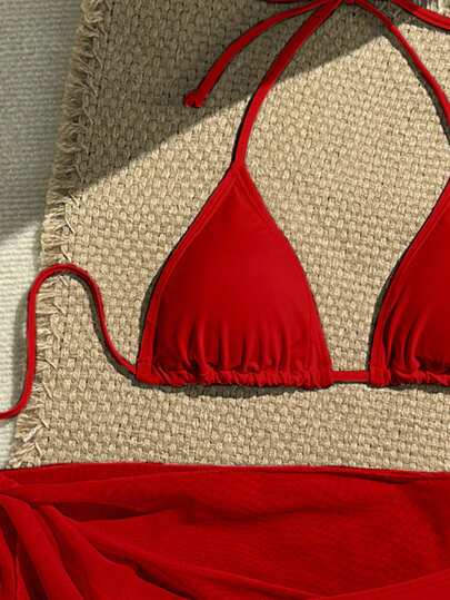 SHEIN Swim 3 قطعة للمرأة، ملابس سباحة 'بيكيني' مجموعة لون واحد لون جذاب، شاطئ الصيفي، عطلة