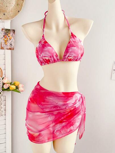 Soleia 3 مجموعات/مجموعة من ملابس البكيني للنساء ذات نمط طباعة الأزهار باللون الملون بتقنية التعتيق، صيحة للعطلات