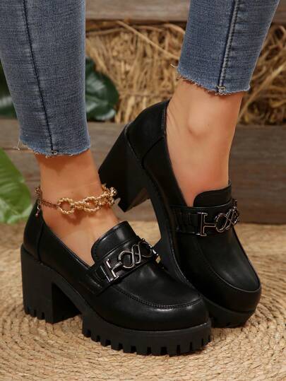 أحذية أوكسفورد حريمي أحذية نسائية عالية الكعب سهلة الارتداء بتصميم بلاتفورم وأصابع مستديرة، مزينة بسلسلة معدنية، مقاومة للماء، بنعل مرتفع، بطراز عتيق من جلد ال- PU وكعب أوكسفورد، أسود بطراز بريطاني للعمل، المقاس يميل للصغر