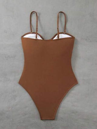 مايوه حريمي قطعة واحدة Swim SXY بدلة سباحة كاجوال قطعة واحدة، رقبة على شكل حرف V مضفر، لون بني، للنساء ،مناسبة للصيف والعطلات الشاطئية