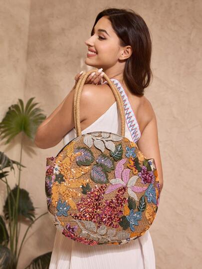 VCAY حقيبة يد أنيقة مزينة بالترتر والتطريز للنساء للعطلة الفاخرة