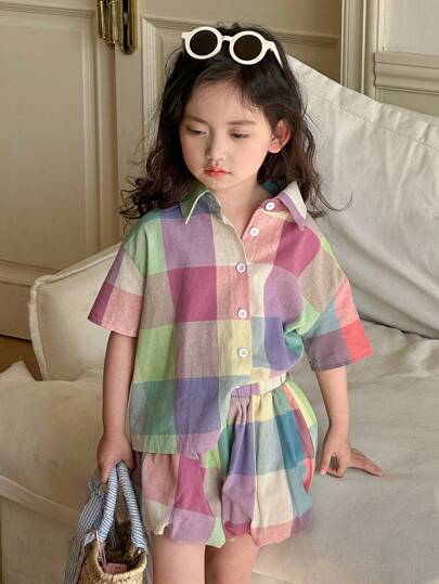 تيشيرتات بناتي Dazy Kids طقم قمصان زخرفية مربعة الأزرار وشورتات للبنات الصغيرات، مجموعة من قطعتين