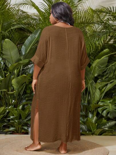 Swim Vcay فستان غطاء جانبي بأكمام خفاش بقطع كبيرة اللون ،أنيق/صيفي لشاطئ العطلة