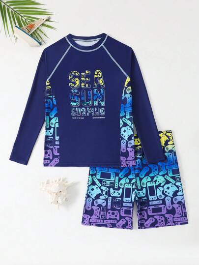 مايوه أولادي مجموعة ملابس سباحة قطعتين (ملابس علوية وشورت) مطبوعة بنقشة أشجار جوز الهند الاستوائية، مناسبة للمراهقين، الشاطئ، السباحة، العطل، التزلج على الأمواج، الغوص، الصيف