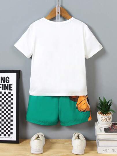 Persoplay Kids مجموعة من 2 قطعة قميص أكمام قصيرة مطبوع عليه رسمة كرتونية لطفل على شكل أسد وقصير رياضي، مناسب للارتداء اليومي العادي، الخارج، المدرسة، والعطلات الصيفية