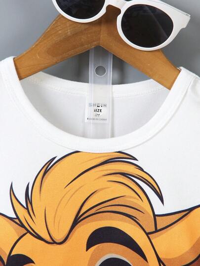 Persoplay Kids مجموعة من 2 قطعة قميص أكمام قصيرة مطبوع عليه رسمة كرتونية لطفل على شكل أسد وقصير رياضي، مناسب للارتداء اليومي العادي، الخارج، المدرسة، والعطلات الصيفية