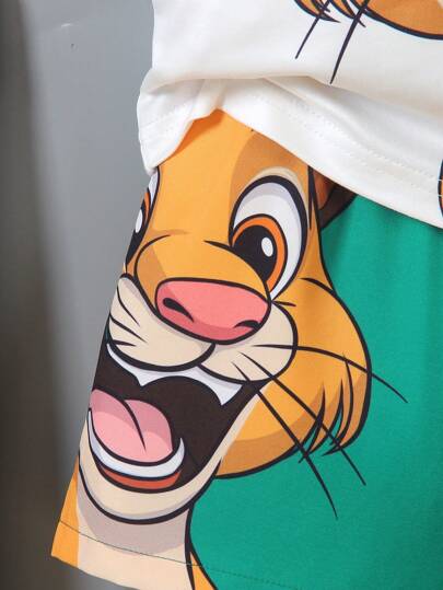 Persoplay Kids مجموعة من 2 قطعة قميص أكمام قصيرة مطبوع عليه رسمة كرتونية لطفل على شكل أسد وقصير رياضي، مناسب للارتداء اليومي العادي، الخارج، المدرسة، والعطلات الصيفية