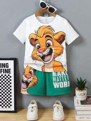 Persoplay Kids مجموعة من 2 قطعة قميص أكمام قصيرة مطبوع عليه رسمة كرتونية لطفل على شكل أسد وقصير رياضي، مناسب للارتداء اليومي العادي، الخارج، المدرسة، والعطلات الصيفية
