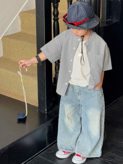 DAZY قميص كاجوال للصبي المراهق مطبوع بالنمط المربع الكرتوني