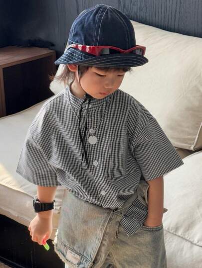 DAZY قميص كاجوال للصبي المراهق مطبوع بالنمط المربع الكرتوني