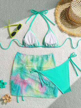 Swim SXY طقم ملابس سباحة بيكيني مكون من 3 قطع/مجموعة من ملابس علوية قصير بدون أكمام من قماش شبكي مصبوغ بالربط، وشورت معقود وتنورة بحاشية مزينة بفيونكة، ملابس شاطئ المنتجع، لقضاء إجازة الصيف