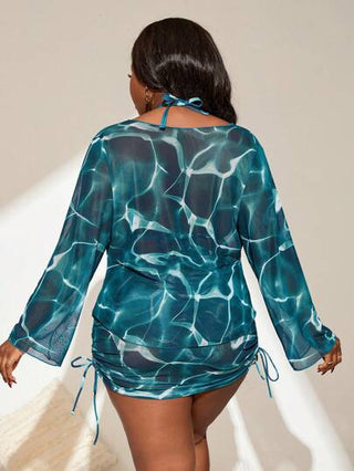 طقم تانكيني حريمي Swim Curve 4 قطعة للمرأة المنحنية على شكل زائد الحجم مجموعة تانكيني، تتضمن: سترة علوية مع كشاكش، سروال قصير، غطاء علوي بأكمام طويلة من الشبك، تنورة ربطة خصر، مجموعة ملابس سباحة على شكل سترة للشاطئ والإجازات الصيفية