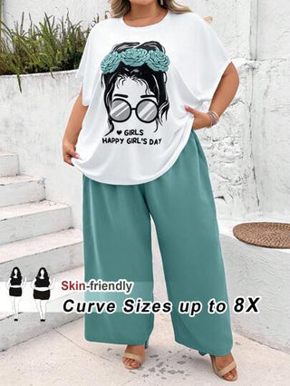 CURVE+ 2 قطعة / مجموعة من بنطلون وتي شيرت ذو أكمام قصيرة، مقاسات كبيرة، مجموعة أزياء بسيطة عصرية للارتداء اليومي الكاجوال