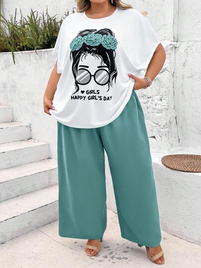 CURVE+ 2 قطعة / مجموعة من بنطلون وتي شيرت ذو أكمام قصيرة، مقاسات كبيرة، مجموعة أزياء بسيطة عصرية للارتداء اليومي الكاجوال